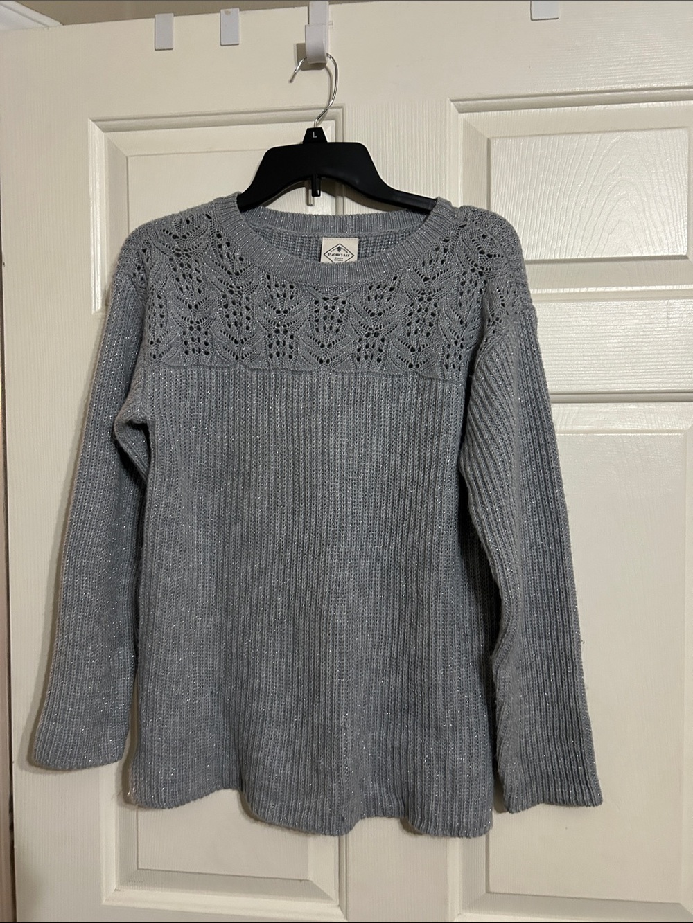 Cozy Gray Knit Sweater with Lace Yoke